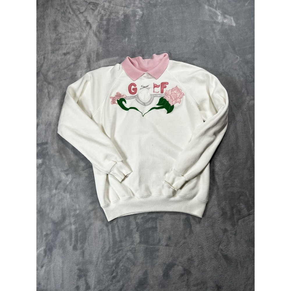 Vintage Hanes Collared Sweatshirt Women's Large  Golf with Roses White